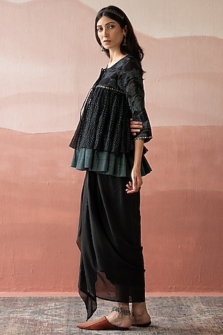 Ebony Black Chanderi Stripe Pleated Skirt Set by Swatti Kapoor