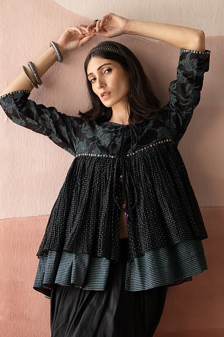Ebony Black Chanderi Stripe Pleated Skirt Set by Swatti Kapoor at Pernia's Pop Up Shop