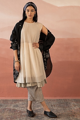 White Chanderi Handblock Printed Layered Tunic Dress With Shirt by Swatti Kapoor
