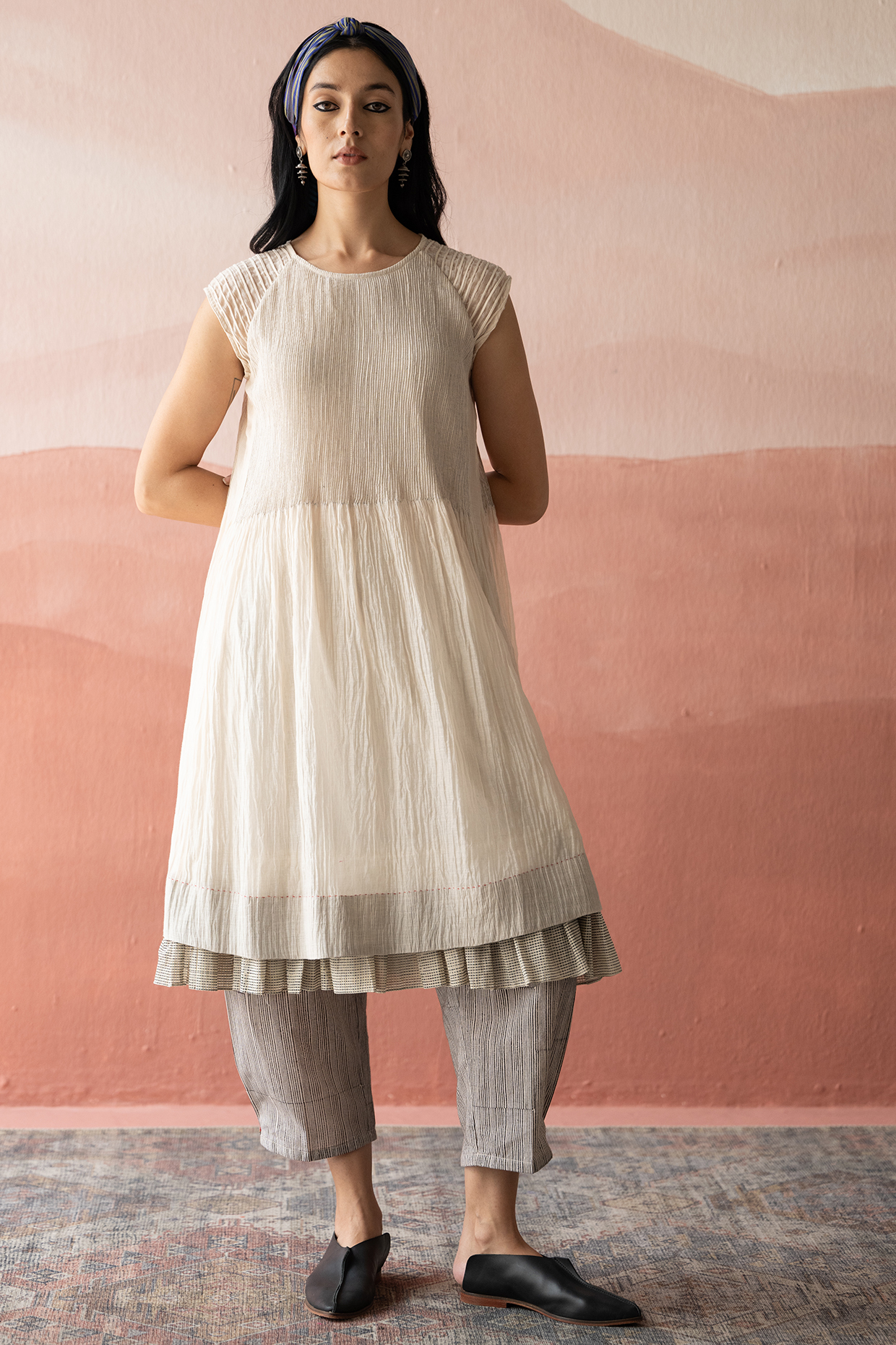 White Chanderi Handblock Printed Layered Tunic Set by Swatti Kapoor at Pernia's Pop Up Shop