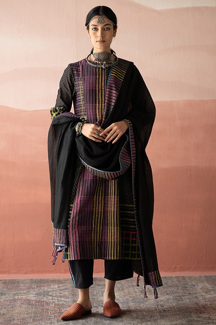 Ebony Black Handwoven Chanderi Embellished & Handblock Printed Kurta Set by Swatti Kapoor at Pernia's Pop Up Shop