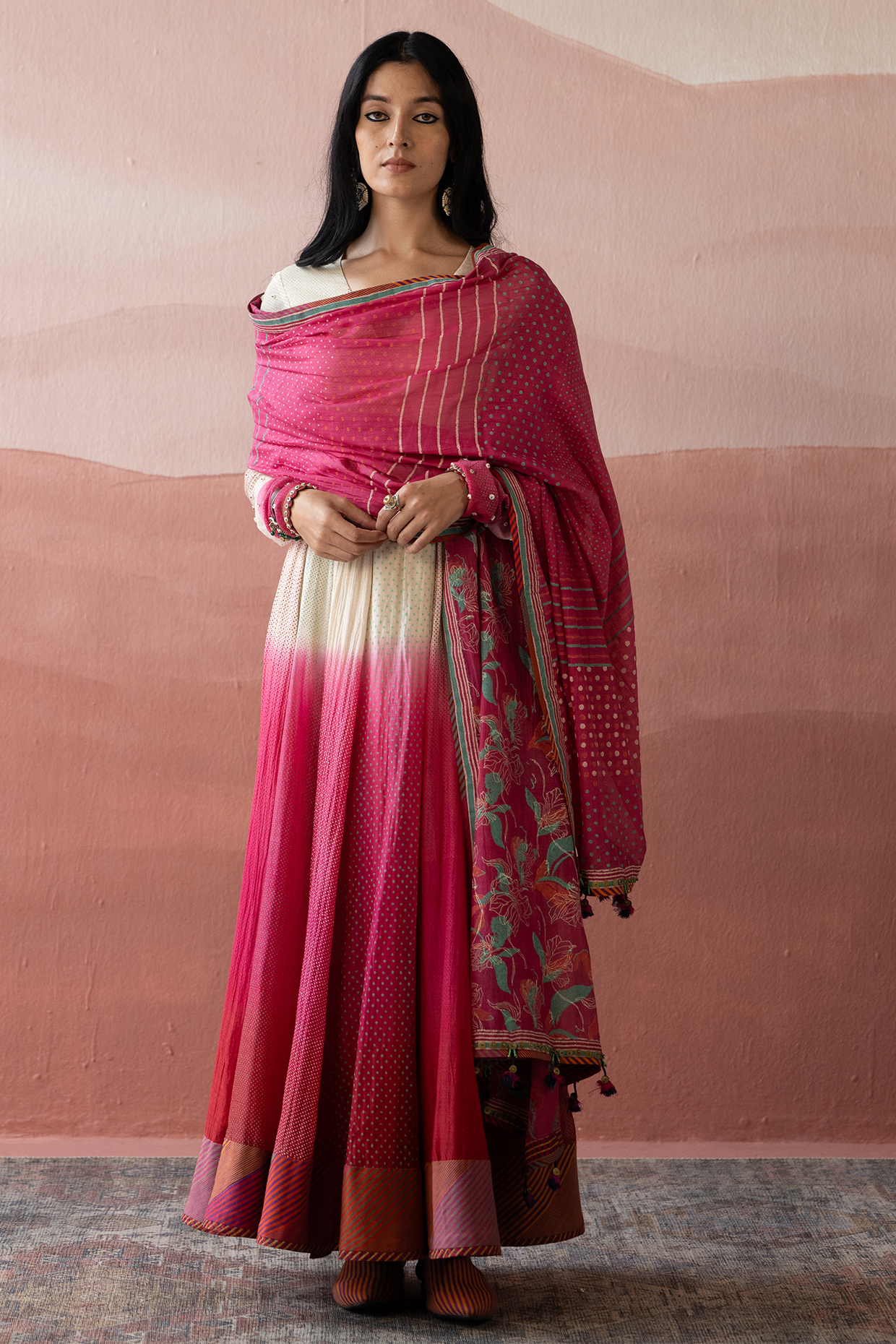 White & Raspberry Handwoven Chanderi Block Printed Kurta Set by Swatti Kapoor at Pernia's Pop Up Shop
