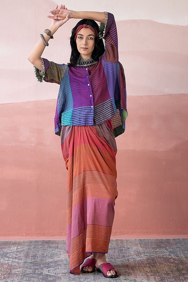 Orange Chanderi Striped Chanderi Skirt Set by Swatti Kapoor at Pernia's Pop Up Shop