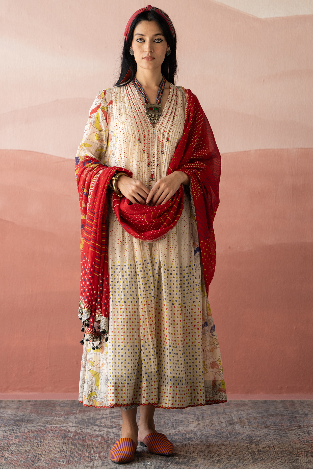 White Handwoven Chanderi Bead Embellished & Block Printed Kurta Set by Swatti Kapoor at Pernia's Pop Up Shop