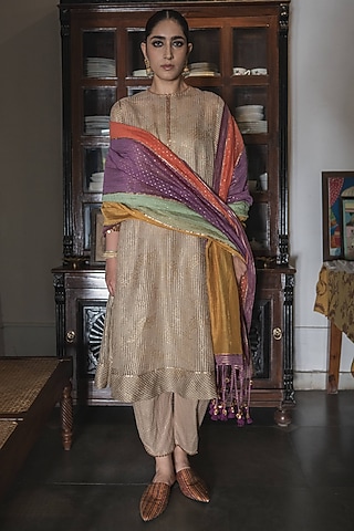 Gold Woven Striped Silk Organza Embroidered & Printed Kurta Set by Swatti Kapoor