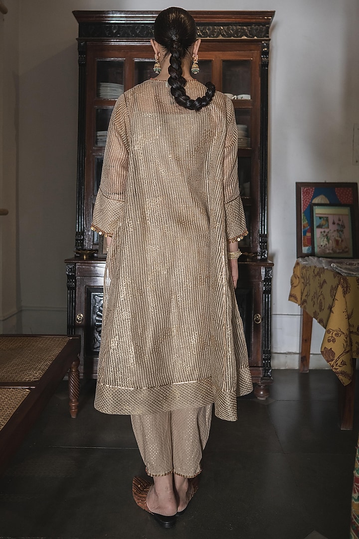 Gold Woven Striped Silk Organza Embroidered & Printed Kurta Set by Swatti Kapoor at Pernia's Pop Up Shop