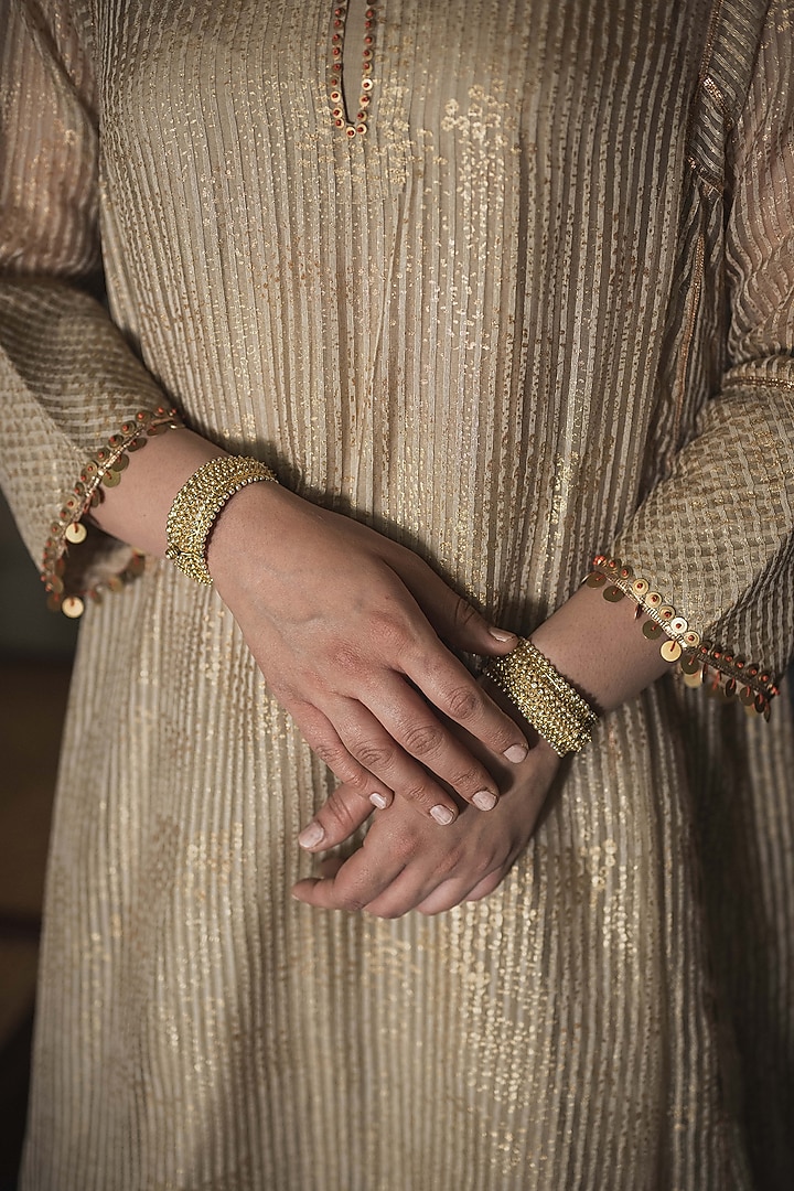 Gold Woven Striped Silk Organza Embroidered & Printed Kurta Set by Swatti Kapoor at Pernia's Pop Up Shop