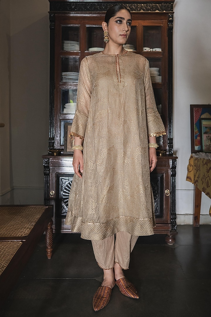 Gold Woven Striped Silk Organza Embroidered & Printed Kurta Set by Swatti Kapoor at Pernia's Pop Up Shop