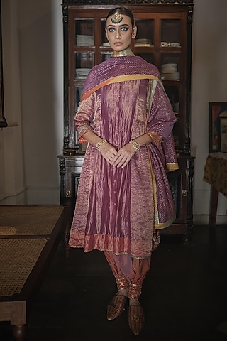Purple Handwoven Chanderi Zari Stripe Hand Embroidered Kurta Set by Swatti Kapoor