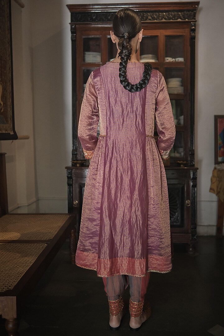Purple Handwoven Chanderi Zari Stripe Hand Embroidered Kurta Set by Swatti Kapoor at Pernia's Pop Up Shop