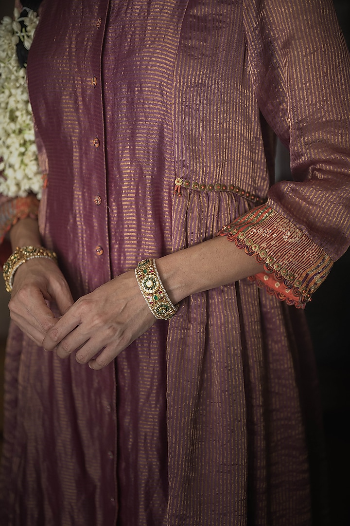 Purple Handwoven Chanderi Zari Stripe Hand Embroidered Kurta Set by Swatti Kapoor at Pernia's Pop Up Shop