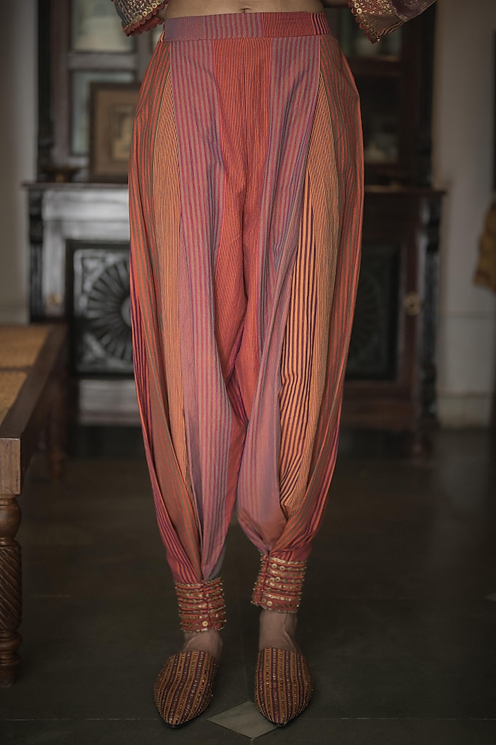 Purple Handwoven Chanderi Zari Stripe Hand Embroidered Kurta Set by Swatti Kapoor at Pernia's Pop Up Shop