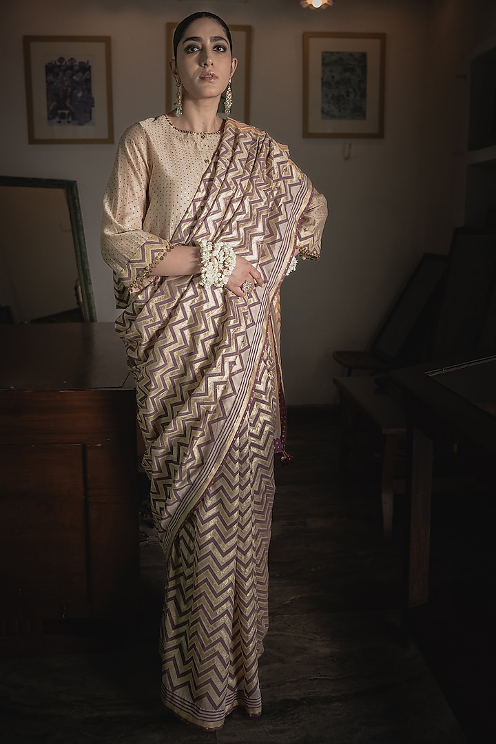 Beige Handwoven Chanderi Block Printed Saree Set by Swatti Kapoor at Pernia's Pop Up Shop