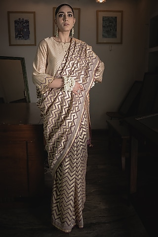 Beige Handwoven Chanderi Block Printed Saree Set by Swatti Kapoor