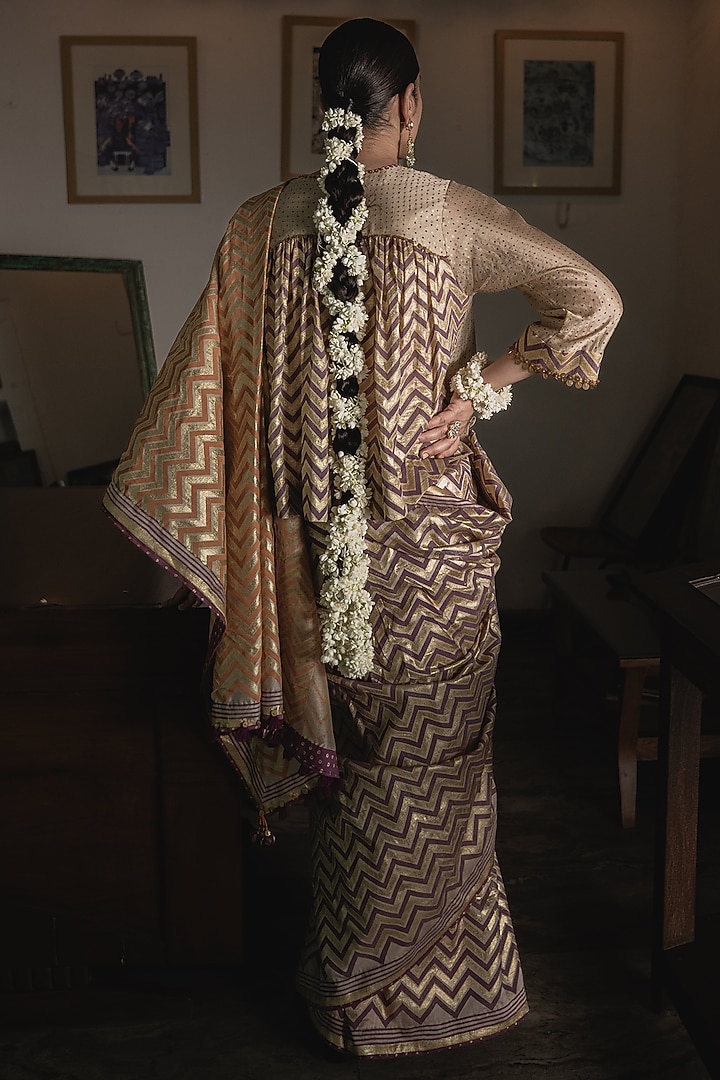 Beige Handwoven Chanderi Block Printed Wedding Saree Set by Swatti Kapoor at Pernia's Pop Up Shop