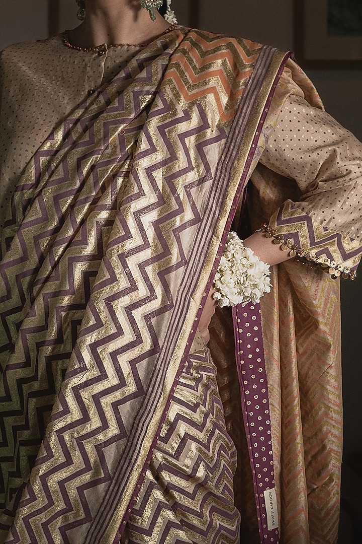 Beige Handwoven Chanderi Block Printed Wedding Saree Set by Swatti Kapoor at Pernia's Pop Up Shop