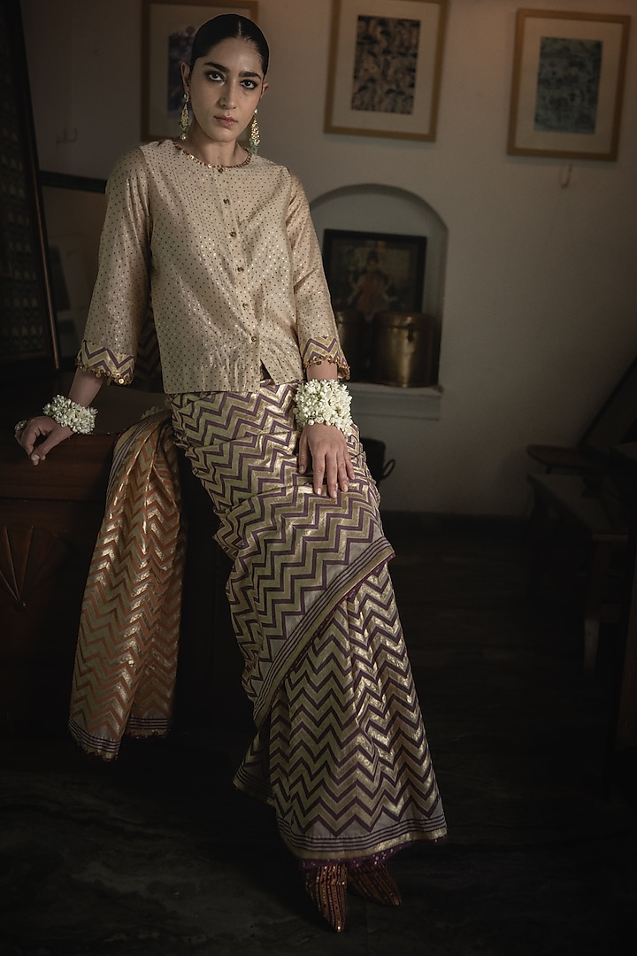 Beige Handwoven Chanderi Block Printed Wedding Saree Set by Swatti Kapoor at Pernia's Pop Up Shop