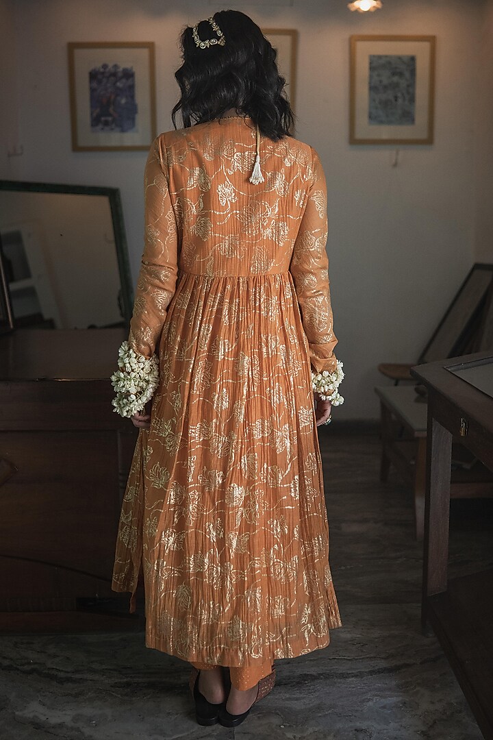 Orange Handwoven Chanderi Printed & Hand Embroidered Kurta Set by Swatti Kapoor at Pernia's Pop Up Shop