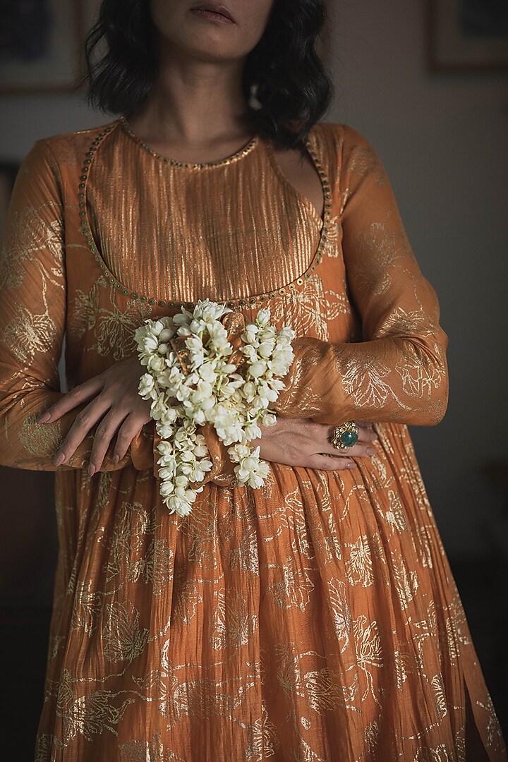Orange Handwoven Chanderi Printed & Hand Embroidered Kurta Set by Swatti Kapoor at Pernia's Pop Up Shop