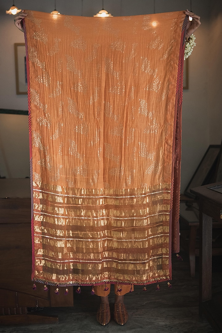 Orange Handwoven Chanderi Printed & Hand Embroidered Kurta Set by Swatti Kapoor at Pernia's Pop Up Shop