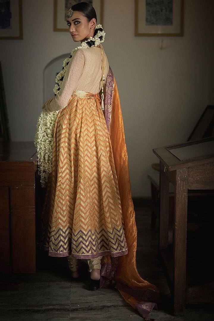 Beige Handwoven Chanderi Hand Embroidered & Printed Wedding Anarkali Set by Swatti Kapoor at Pernia's Pop Up Shop