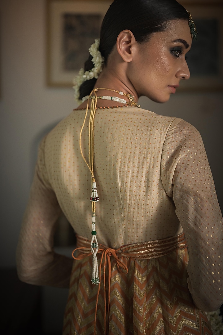 Beige Handwoven Chanderi Hand Embroidered & Printed Wedding Anarkali Set by Swatti Kapoor at Pernia's Pop Up Shop