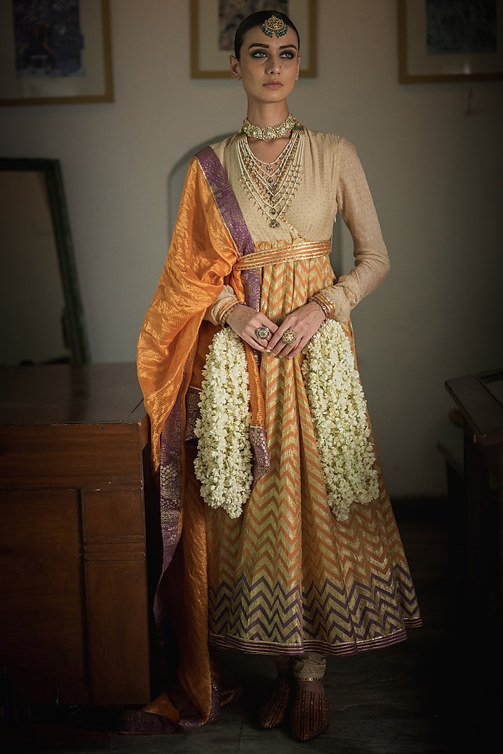 Beige Handwoven Chanderi Hand Embroidered & Printed Anarkali Set by Swatti Kapoor at Pernia's Pop Up Shop