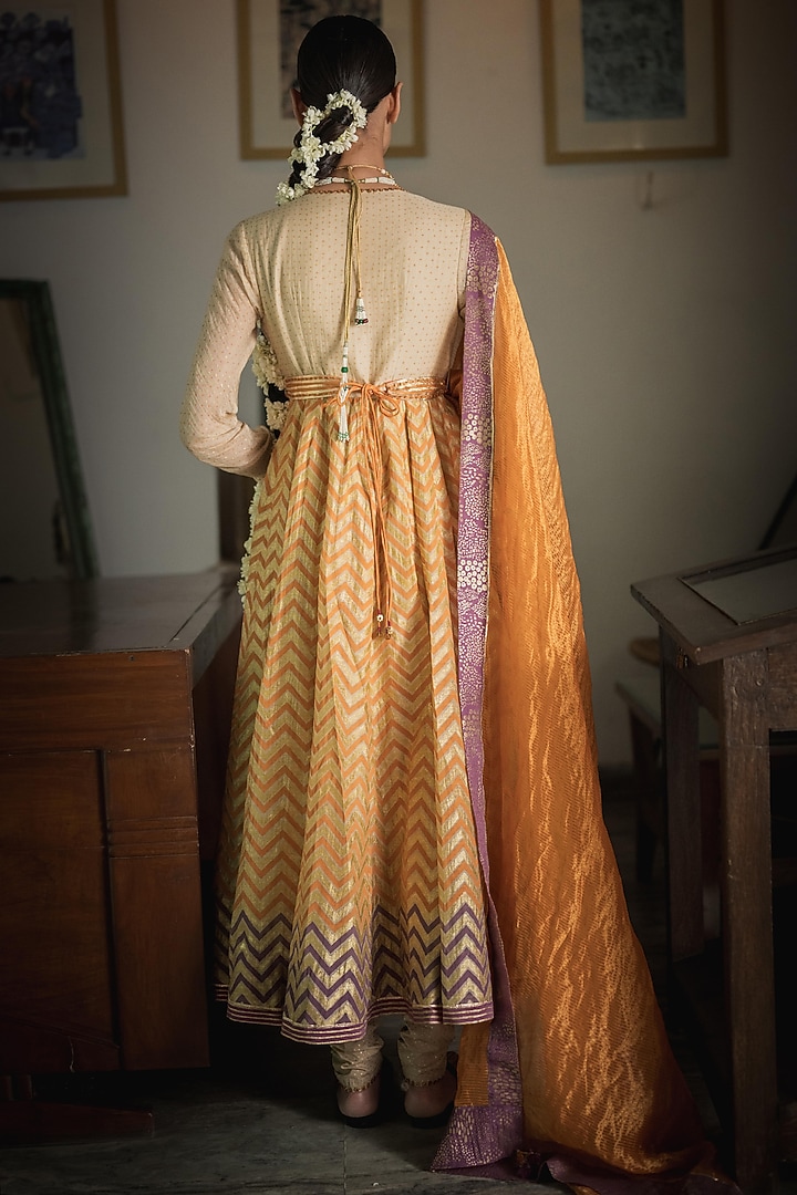 Beige Handwoven Chanderi Hand Embroidered & Printed Wedding Anarkali Set by Swatti Kapoor at Pernia's Pop Up Shop