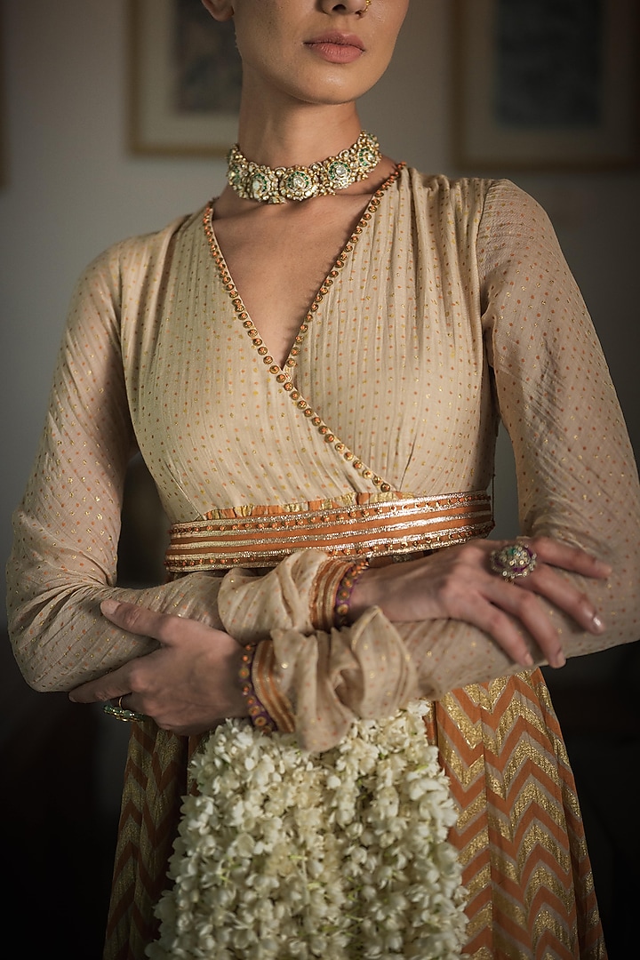 Beige Handwoven Chanderi Hand Embroidered & Printed Wedding Anarkali Set by Swatti Kapoor at Pernia's Pop Up Shop