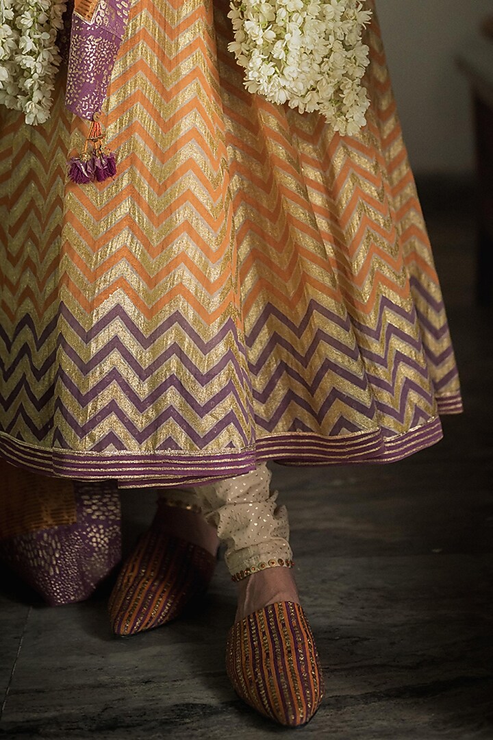 Beige Handwoven Chanderi Hand Embroidered & Printed Wedding Anarkali Set by Swatti Kapoor at Pernia's Pop Up Shop