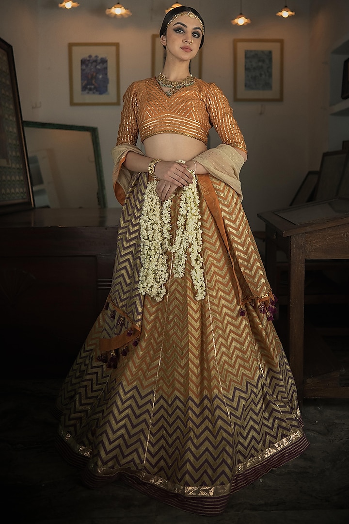 Orange Handwoven Chanderi Hand Block Printed Wedding Lehenga Set by Swatti Kapoor at Pernia's Pop Up Shop