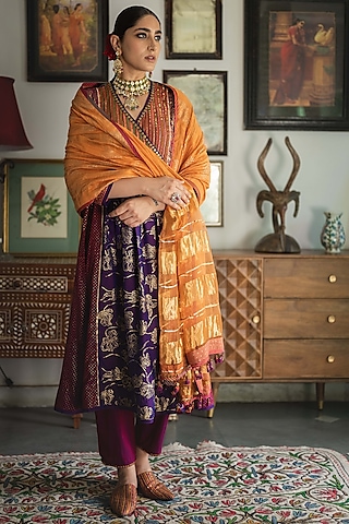 Multi-Colored Handwoven Yarn Dyed Silk Printed & Hand Embroidered Kurta Set by Swatti Kapoor