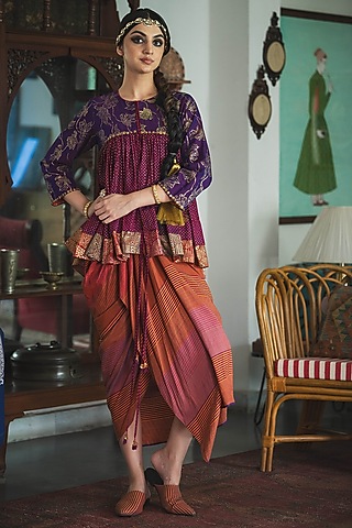 Multi-Colored Handwoven Yarn Dyed Silk & Cotton Striped Skirt Set by Swatti Kapoor