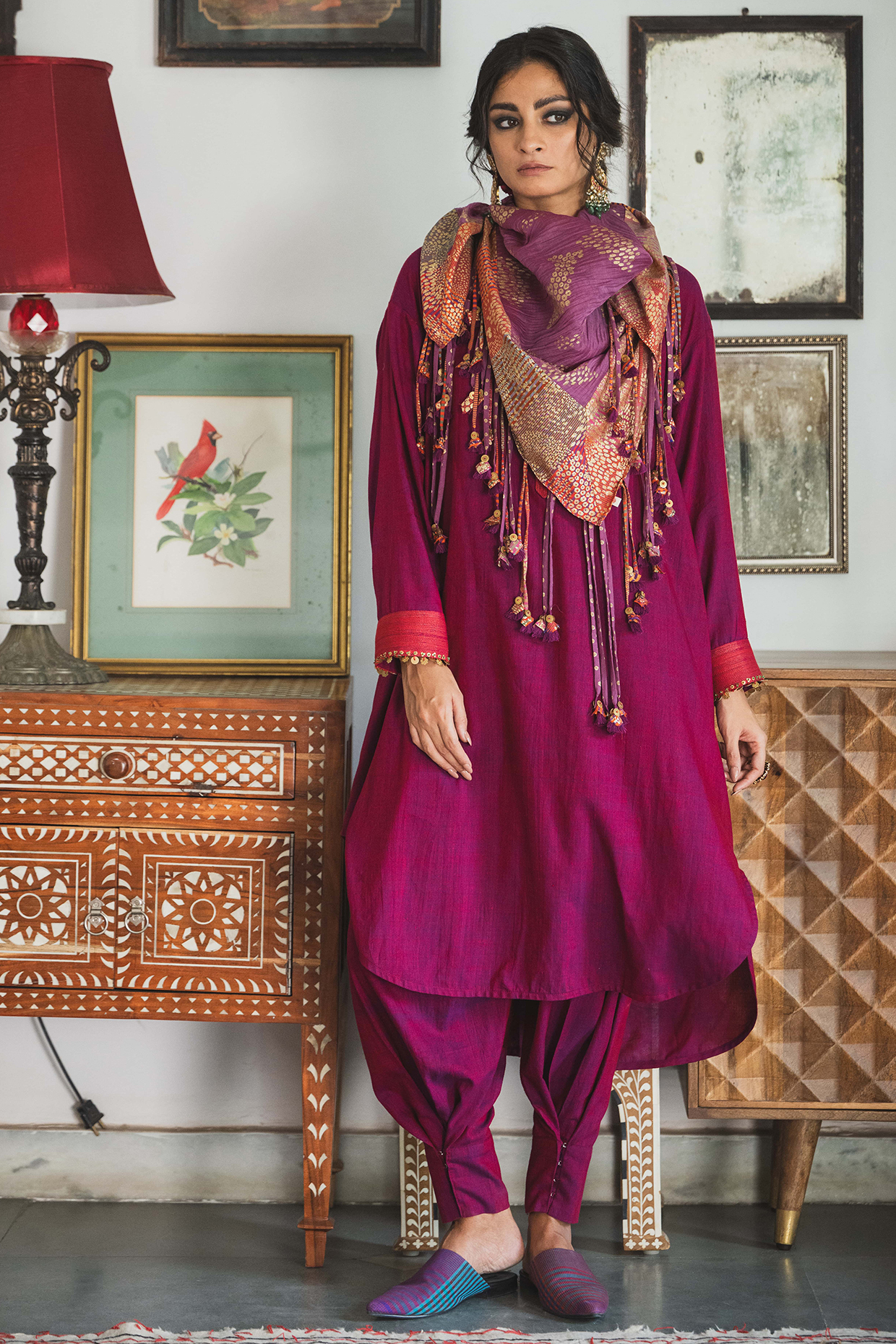 Purple Handwoven Silk & Cotton Hand Embroidered Kurta Set by Swatti Kapoor at Pernia's Pop Up Shop