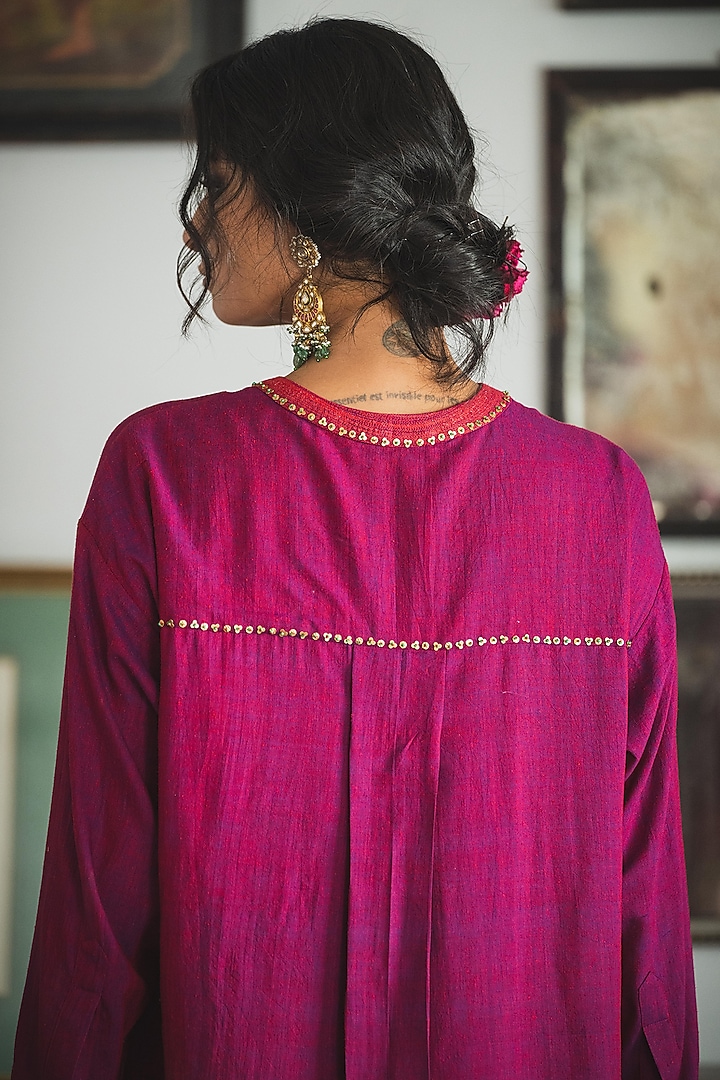 Purple Handwoven Silk & Cotton Hand Embroidered Kurta Set by Swatti Kapoor at Pernia's Pop Up Shop