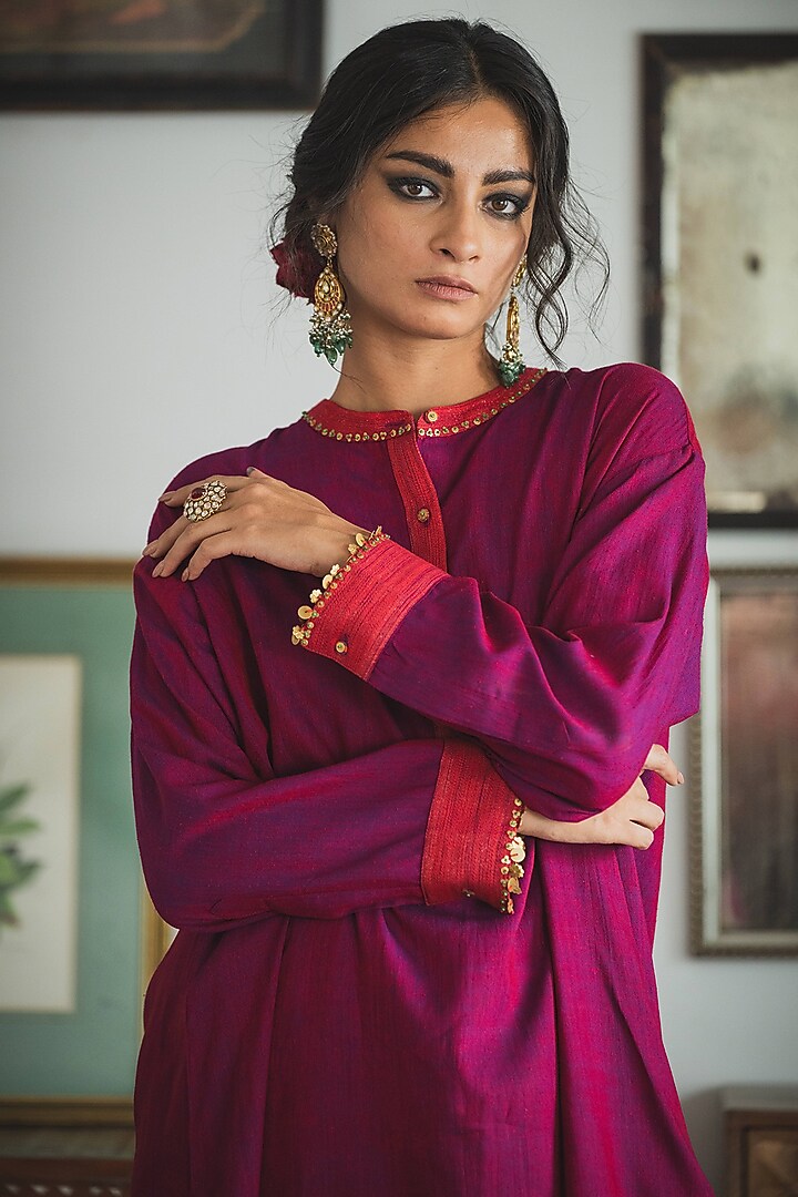 Purple Handwoven Silk & Cotton Hand Embroidered Kurta Set by Swatti Kapoor at Pernia's Pop Up Shop