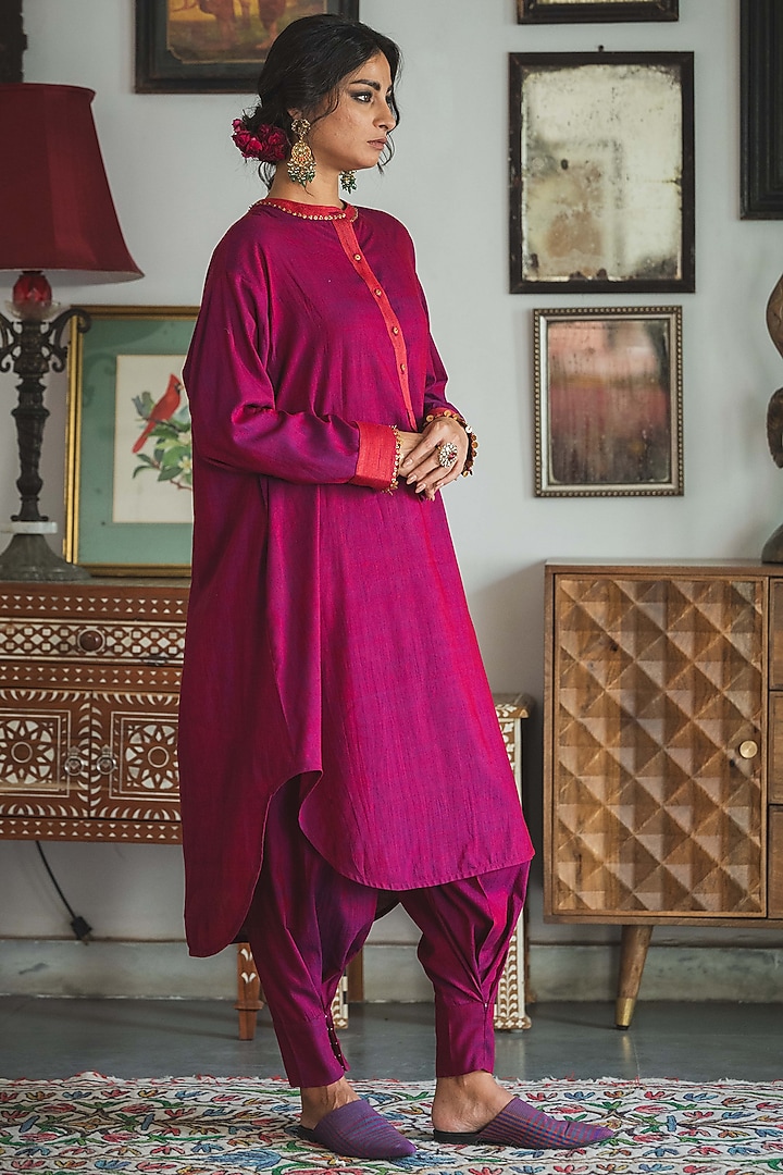 Purple Handwoven Silk & Cotton Hand Embroidered Kurta Set by Swatti Kapoor at Pernia's Pop Up Shop