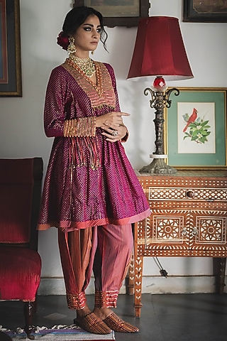 Multi-Colored Handwoven Silk & Cotton Hand Embroidered Kurta Set by Swatti Kapoor