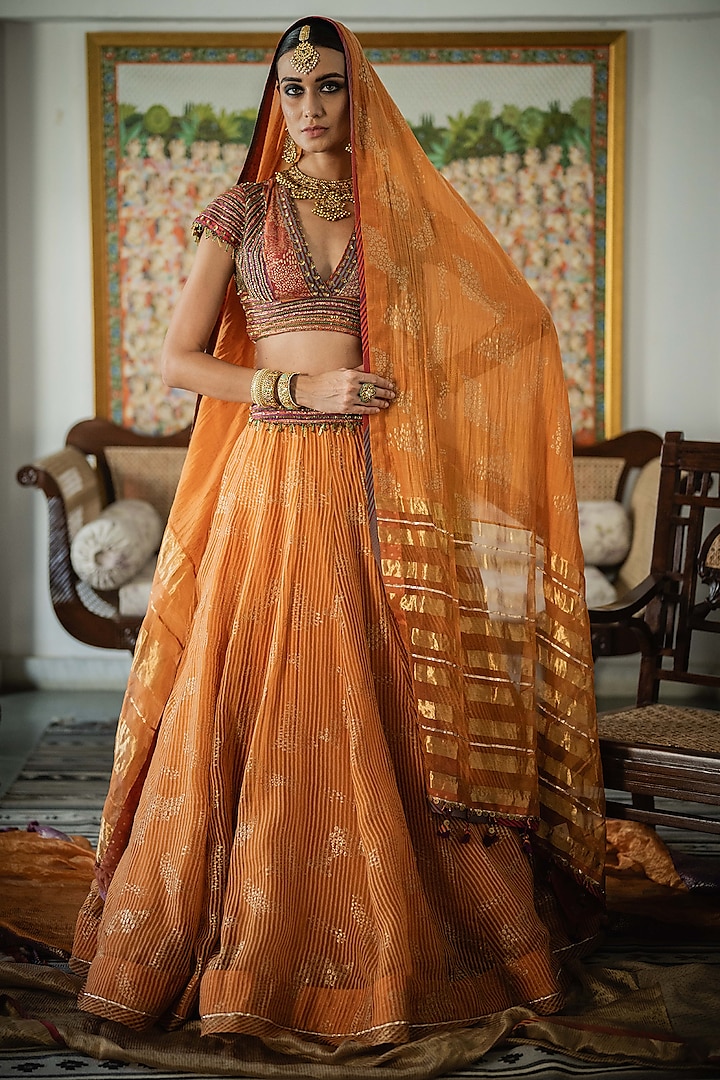 Orange Woven Silk Organza Hand Block Printed & Embroidered Wedding Lehenga Set by Swatti Kapoor at Pernia's Pop Up Shop