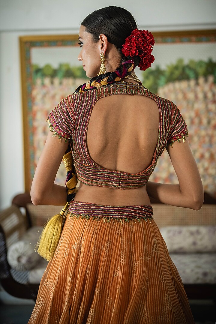Orange Woven Silk Organza Hand Block Printed & Embroidered Wedding Lehenga Set by Swatti Kapoor at Pernia's Pop Up Shop