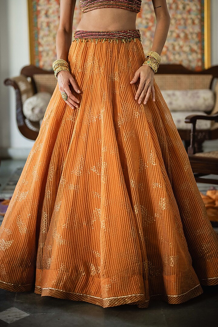 Orange Woven Silk Organza Hand Block Printed & Embroidered Wedding Lehenga Set by Swatti Kapoor at Pernia's Pop Up Shop