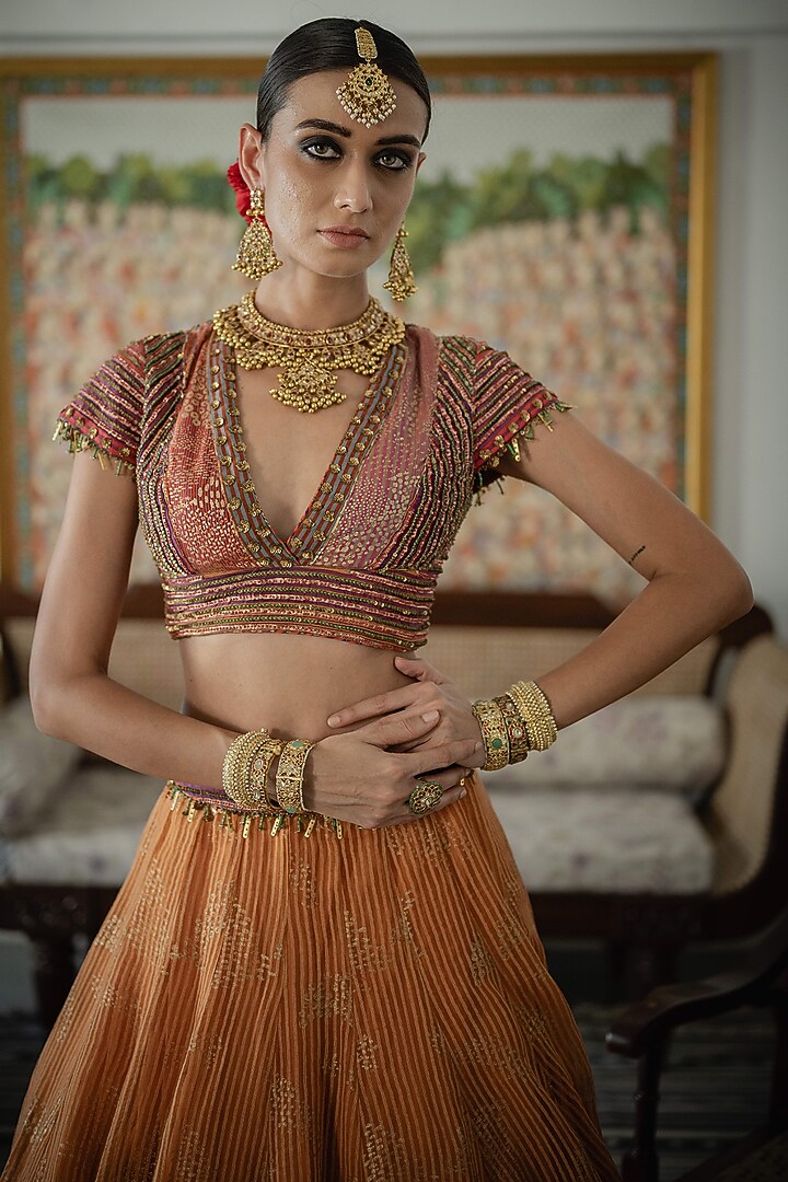 Orange Woven Silk Organza Hand Block Printed & Embroidered Wedding Lehenga Set by Swatti Kapoor at Pernia's Pop Up Shop