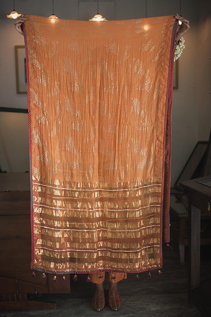 Orange Woven Silk Organza Hand Block Printed & Embroidered Wedding Lehenga Set by Swatti Kapoor at Pernia's Pop Up Shop