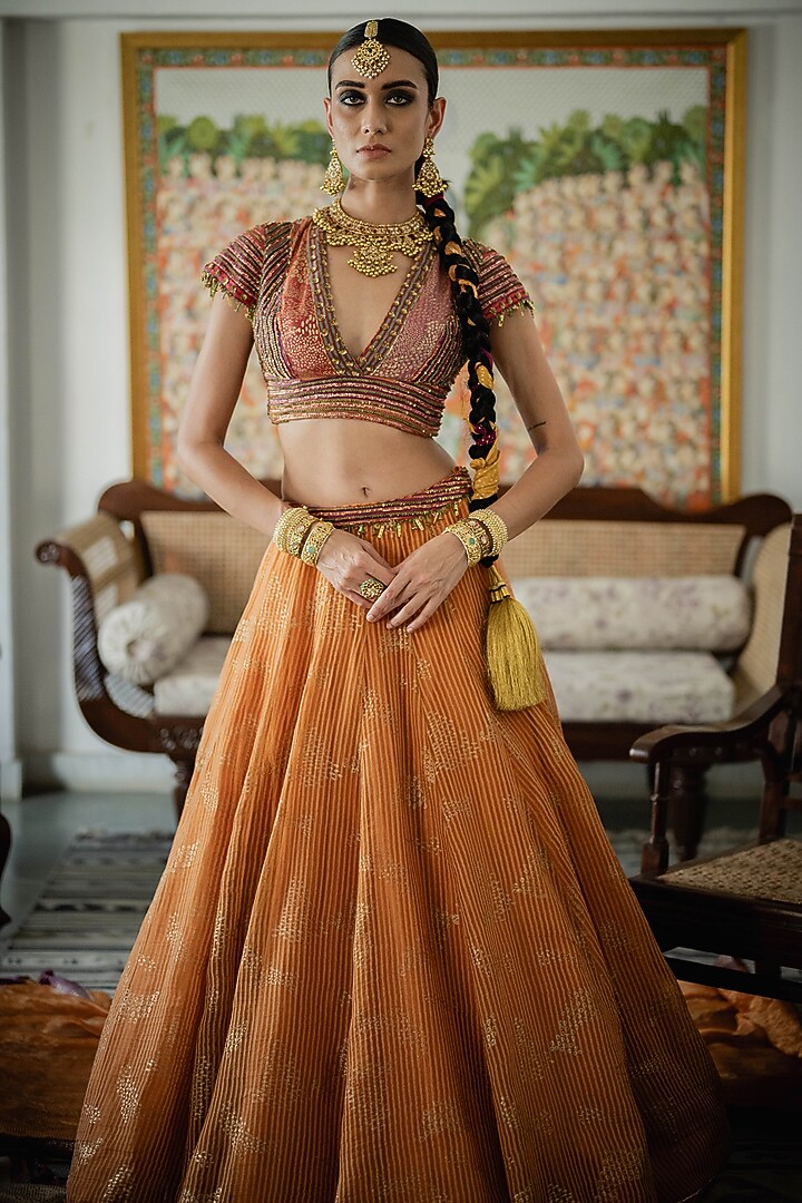 Orange Woven Silk Organza Hand Block Printed & Embroidered Wedding Lehenga Set by Swatti Kapoor at Pernia's Pop Up Shop