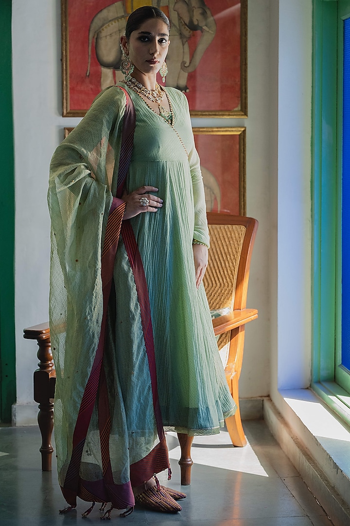 Green Handwoven Chanderi Hand Embroidered & Printed Anarkali Set by Swatti Kapoor at Pernia's Pop Up Shop