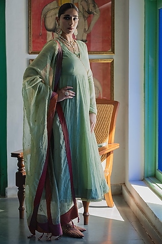 Green Handwoven Chanderi Hand Embroidered & Printed Anarkali Set by Swatti Kapoor