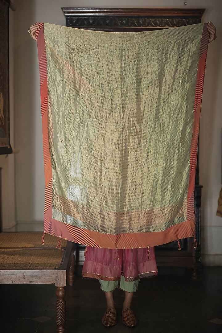 Green Handwoven Chanderi Hand Embroidered & Printed Wedding Anarkali Set by Swatti Kapoor at Pernia's Pop Up Shop