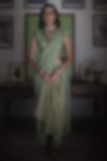 Green Handwoven Chanderi Hand Block Printed Draped Saree Set by Swatti Kapoor at Pernia's Pop Up Shop