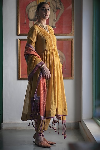 Yellow Handwoven Chanderi Hand Block Printed Kurta Set by Swatti Kapoor