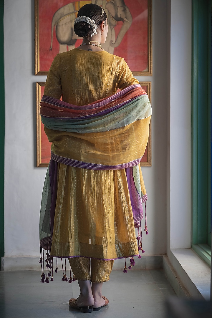 Yellow Handwoven Chanderi Hand Block Printed Kurta Set by Swatti Kapoor at Pernia's Pop Up Shop